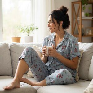 Charter Club Intimates Women's Cozy Blue/Pink Floral Pajama Set - XL